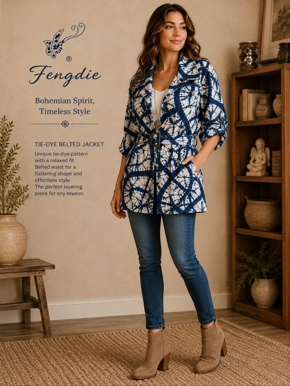 Fengdie Tie-Dye Belted Jacket Navy & White‎ Artisan Eclectic Size Medium